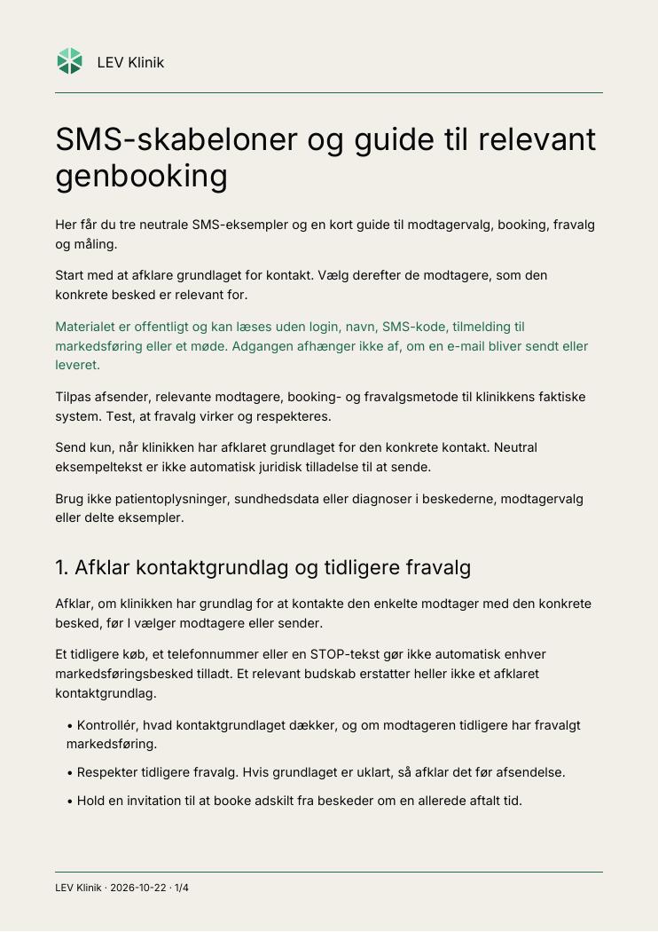 Første side af guiden med SMS-skabeloner til relevant genbooking